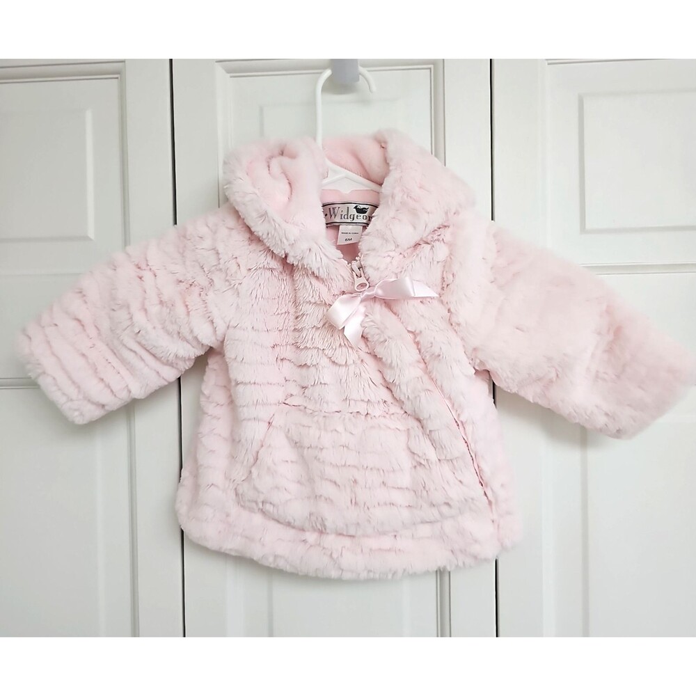 Widgeon Girls Hooded Faux Fur Coat Soft Pink 6M Solid Asymmetric Zipper Bow